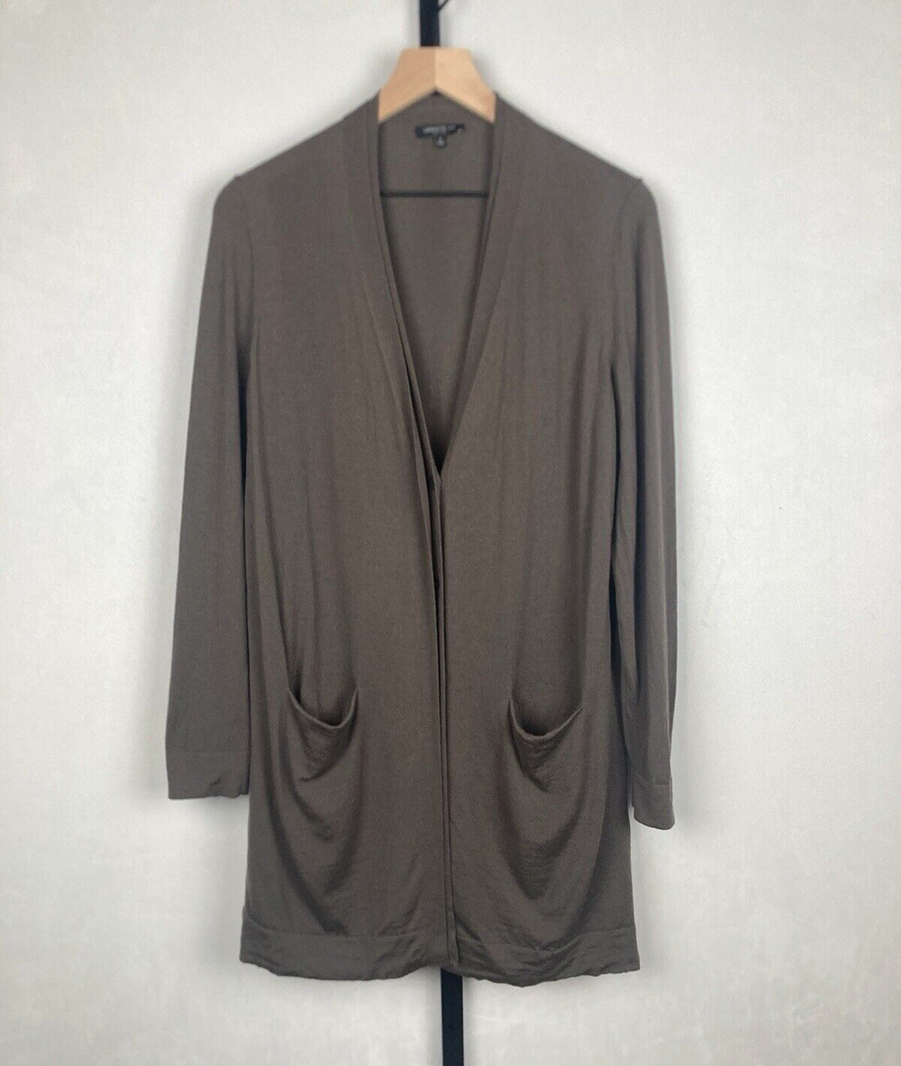 Lafayette 148 Long Cardigan 100% Wool Sz L Brown V-Neck Button Front Pockets